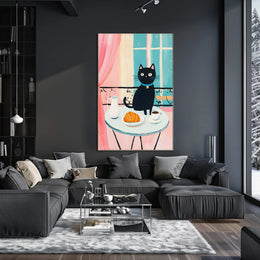 Black Cat Breakfast Poster Charming Morning Wall Art