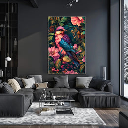 Vibrant Blue Pink Bird Perched Among Tropical Flora Poster