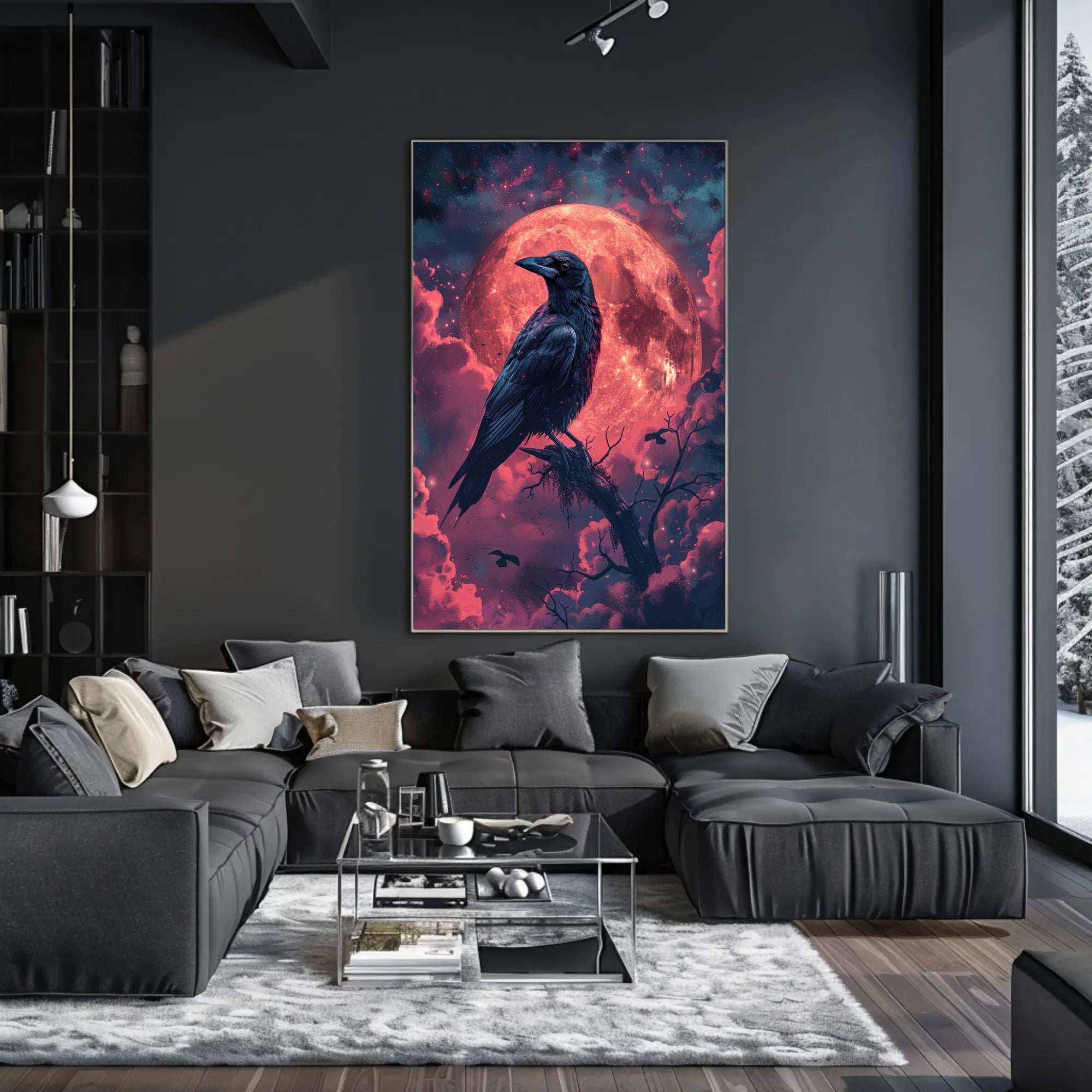 Mystical Raven Under Blood Moon Art Print Poster PosterGoat