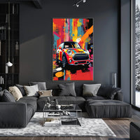 Vibrant Abstract Art Poster with Mini Cooper Illustration