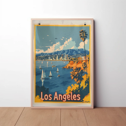 Los Angeles Coastline Sailboats Skyline Sunset Travel Poster