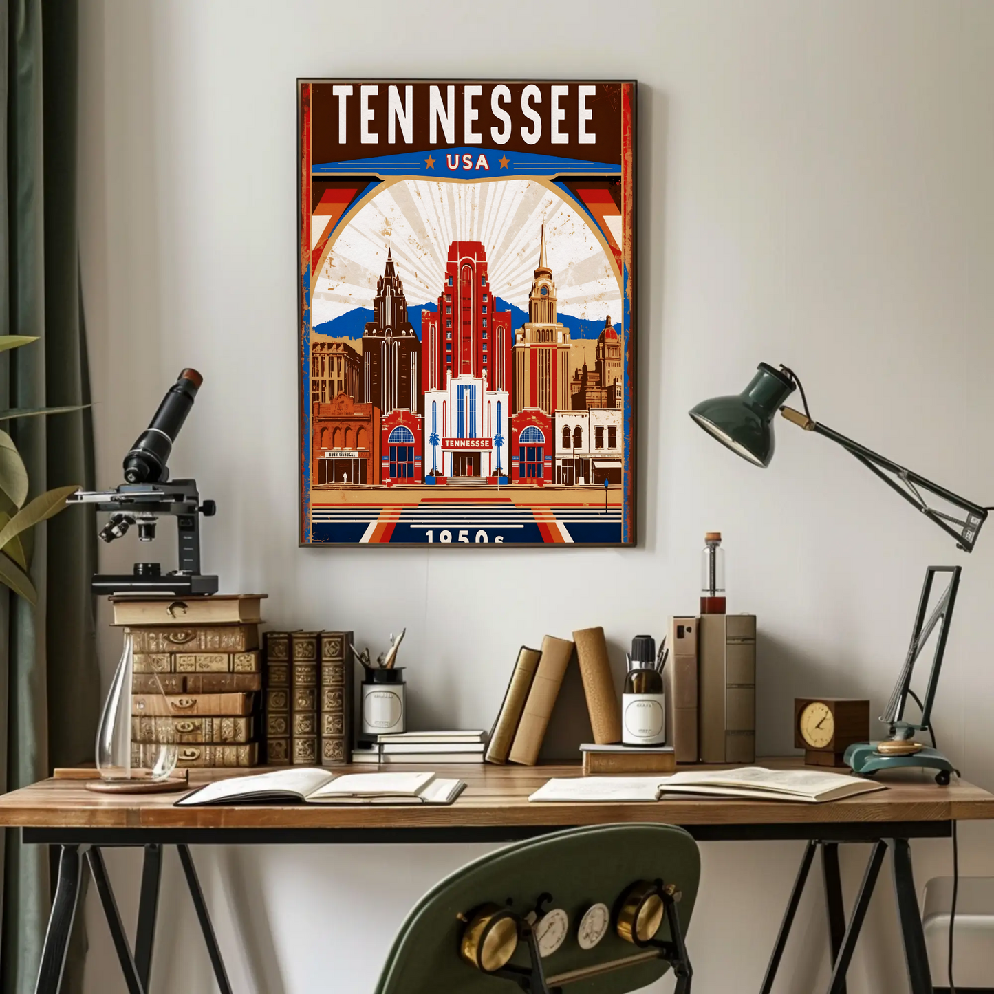 Tennessee USA 1950s Music City Skyline Travel Poster