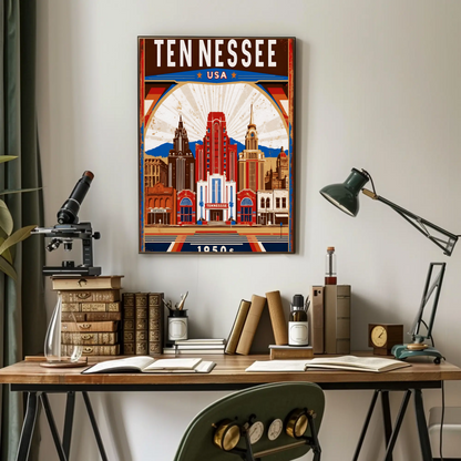 Tennessee USA 1950s Music City Skyline Travel Poster
