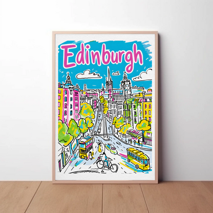 Edinburgh Scotland Colorful Cityscape Street View Travel Poster