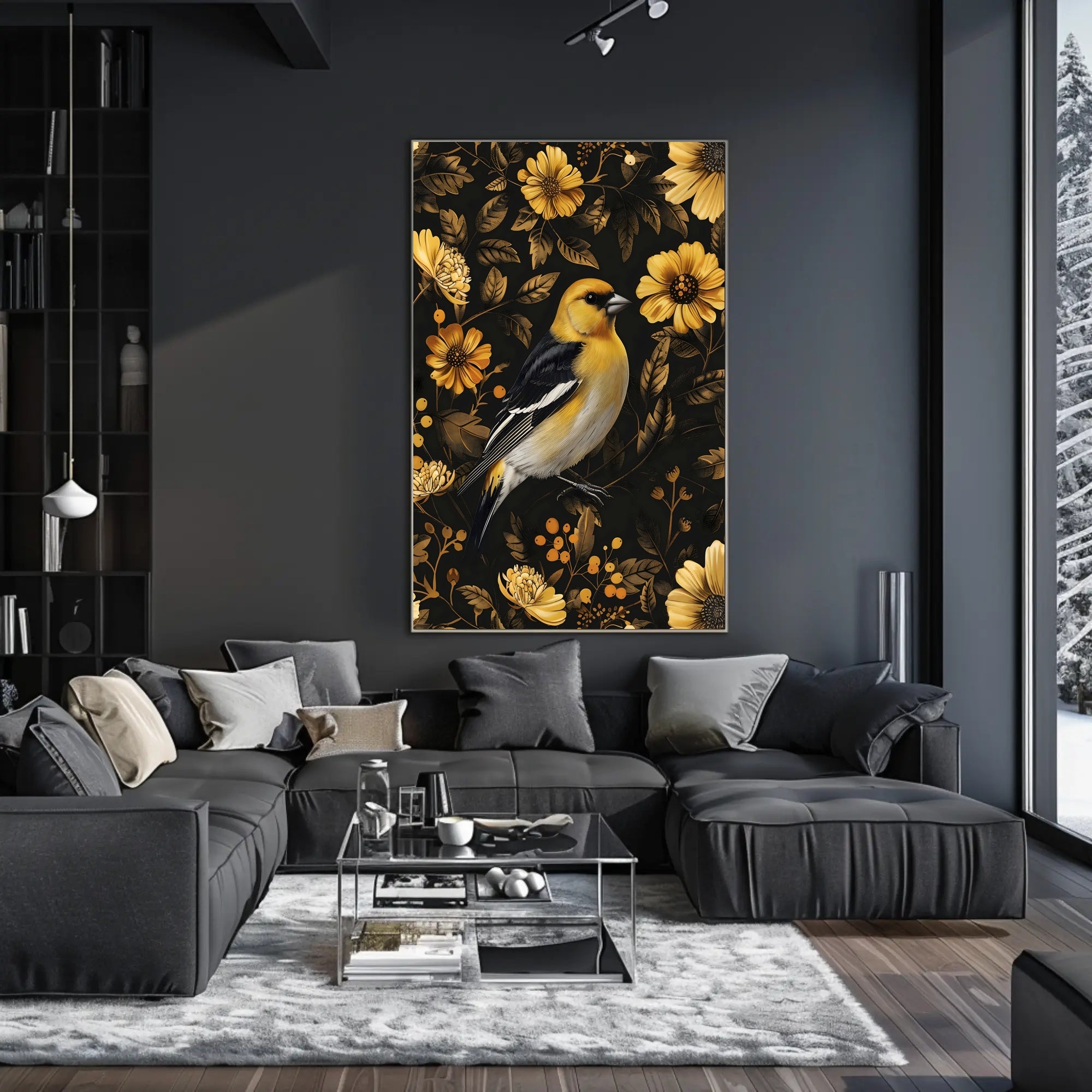 Elegant Yellow Bird Perched Among Flowers Animal Poster