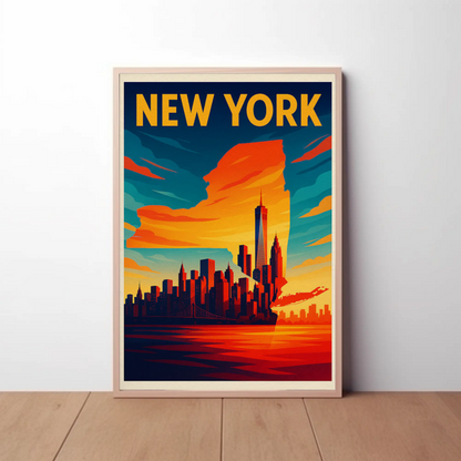 New York State Outline Skyline Sunset Silhouette Travel Poster
