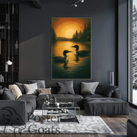 Serene Lake Scene with Loons and Sunset - Animal Poster