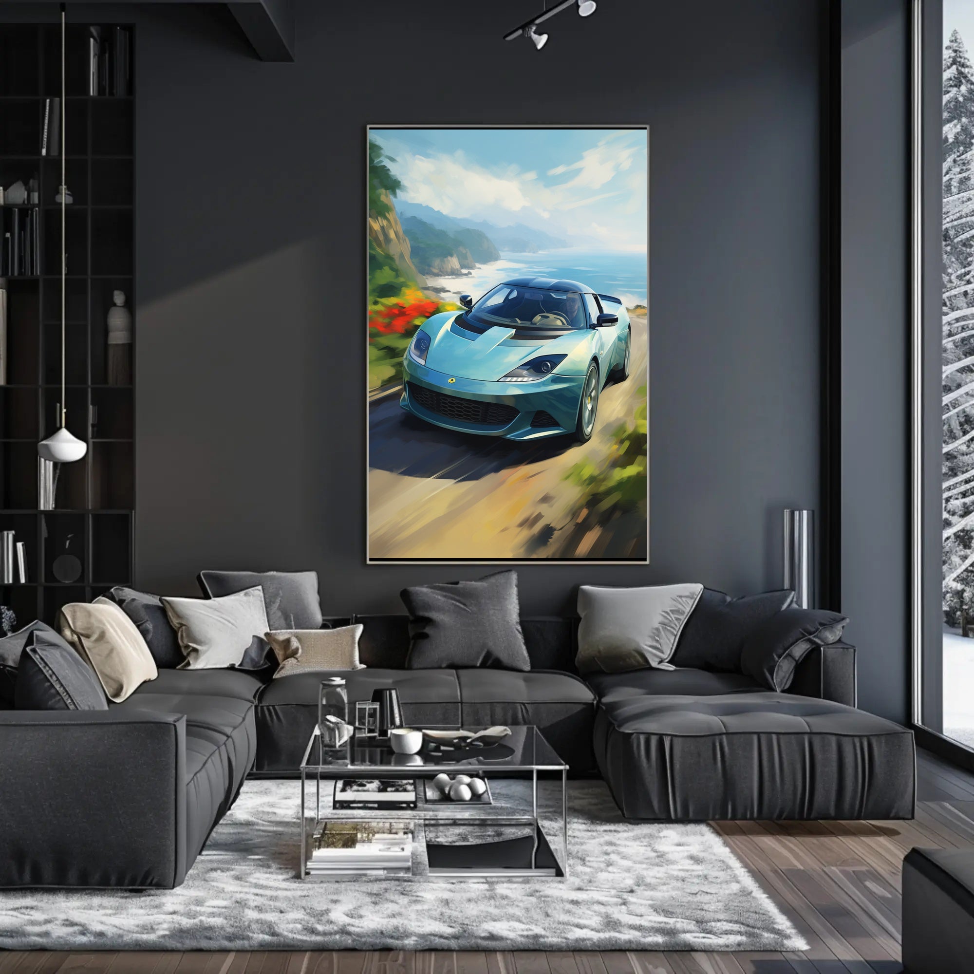 Modern Sports Car Coastal Adventure: Artistic Poster