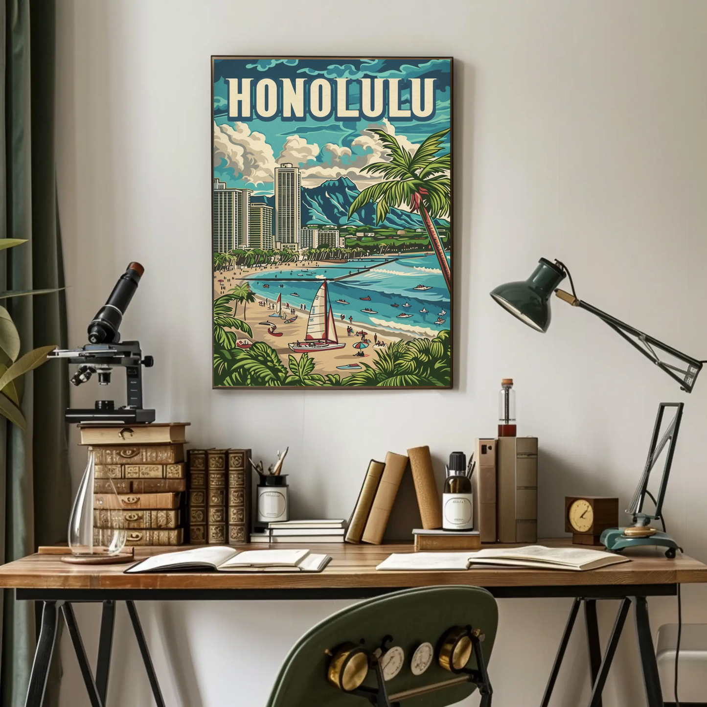 Honolulu Vintage Poster Sailing and Skyscrapers