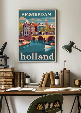 Amsterdam Holland Autumn Canal Houses Vintage Travel Poster