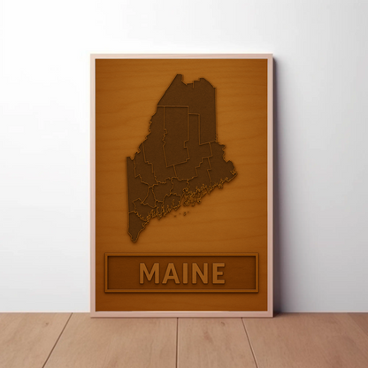Maine Wooden Engraved State Outline Vintage Travel Poster