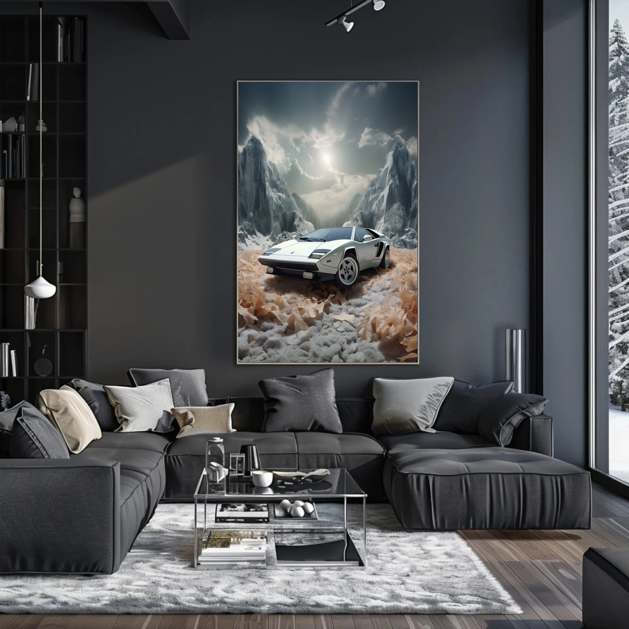 Classic Supercar in a Surreal Landscape Poster PosterGoat