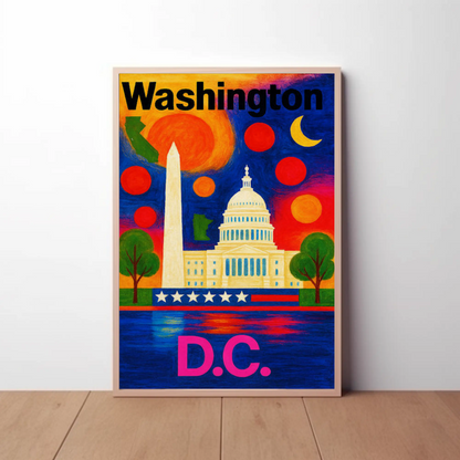 Washington DC Capitol Monument Colorful Night Travel Poster