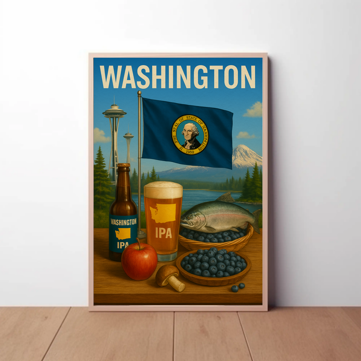 Washington IPA Salmon Space Needle Travel Poster