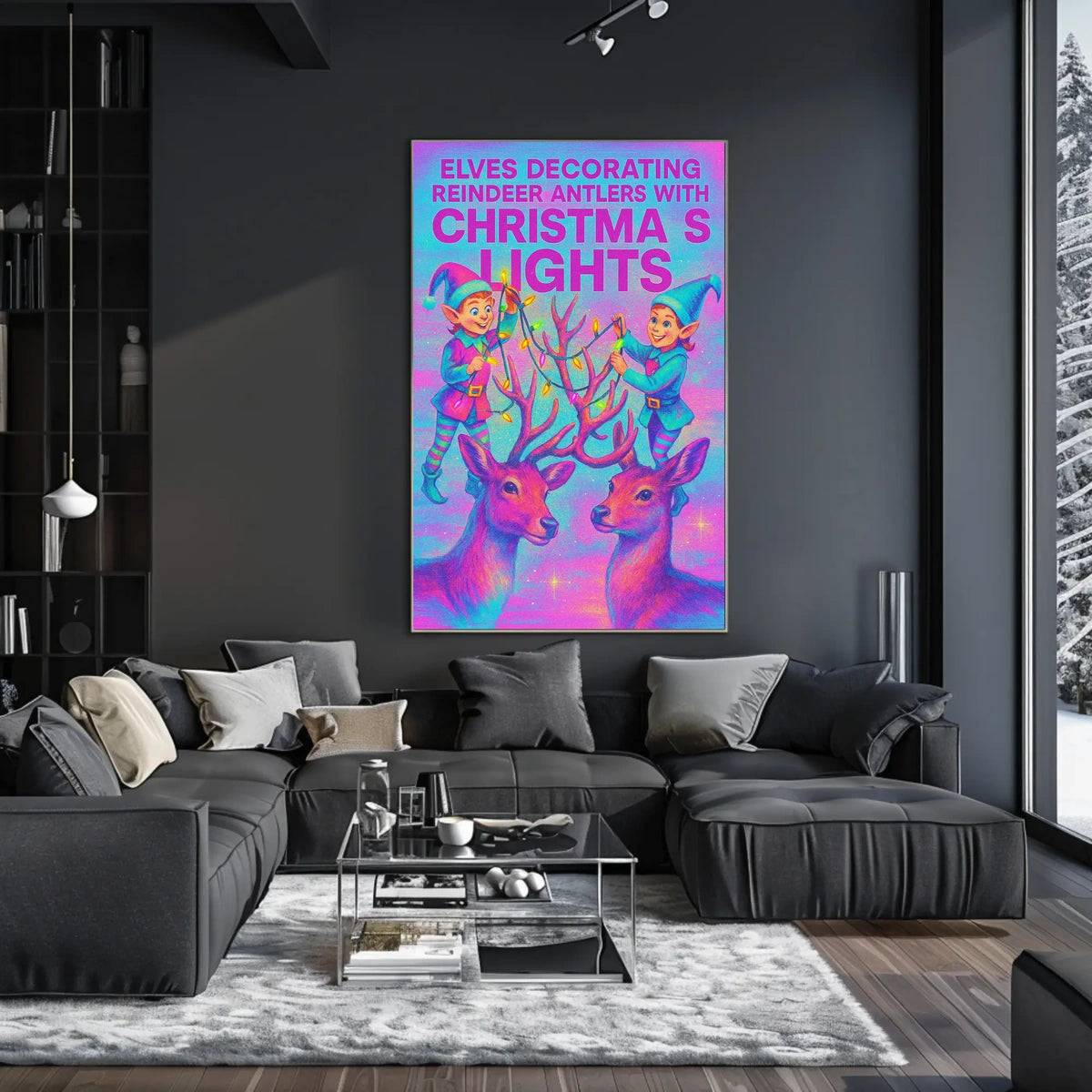 Elves Decorating Reindeer Antlers Poster