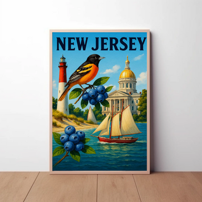 New Jersey State Symbols Blueberries Sailboat Bird Travel Poster Travel Poster
