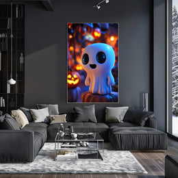 Cute Ghost with Pumpkins: Vibrant Halloween Pop Culture Poster
