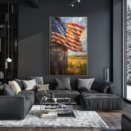 Flag Draped Rustic Wooden Barn Landscape With Fence Poster