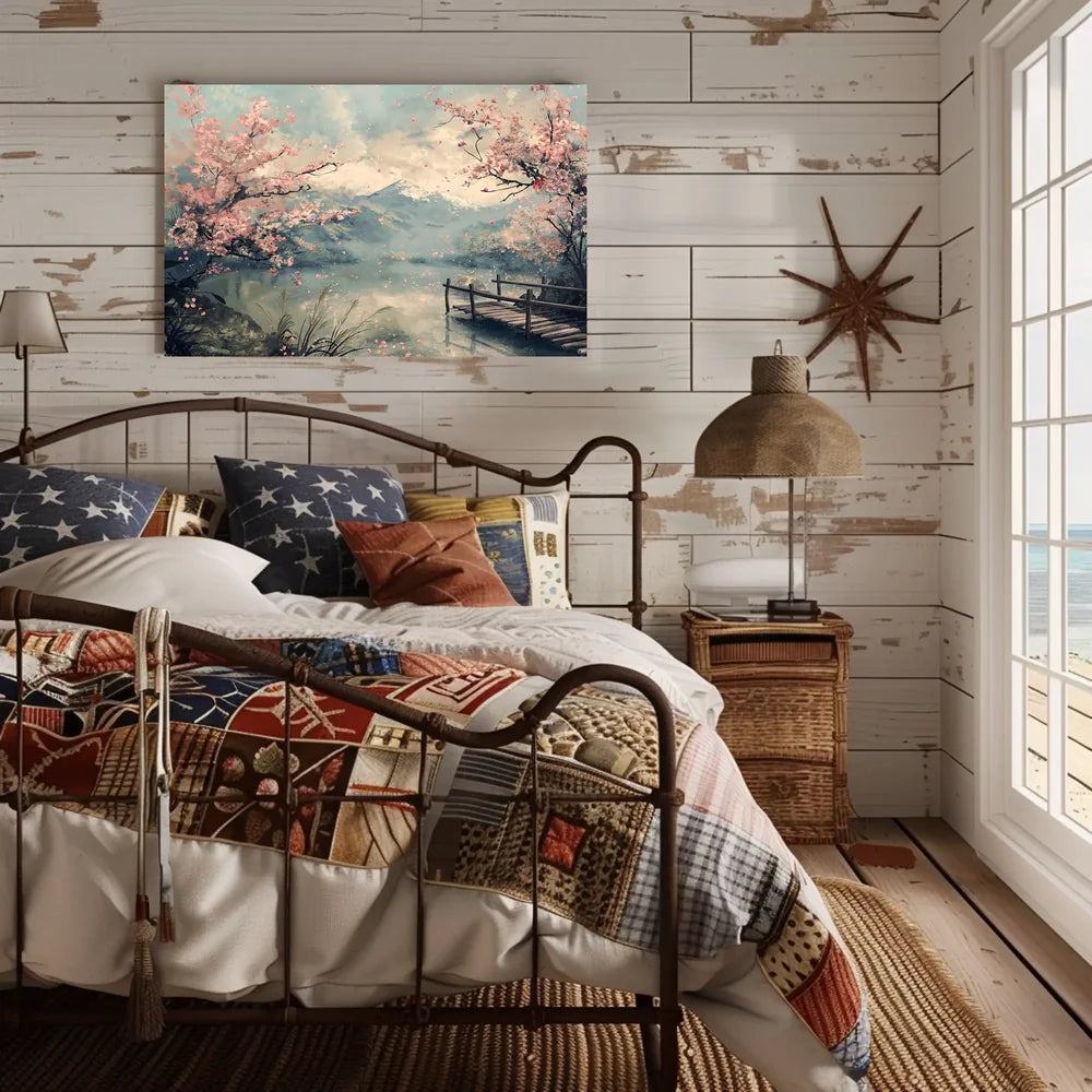Serene Cherry Blossom Lake: Japanese Impressionist Poster