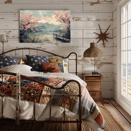 Serene Cherry Blossom Lake: Japanese Impressionist Poster