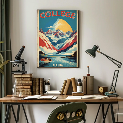 College Alaska Glacier Boat Mountains Sunset Vintage Travel Poster