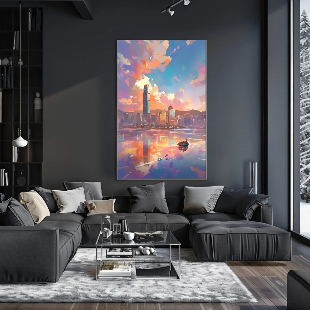Modern Cityscape Sunset Poster: Hong Kong Skyline Art