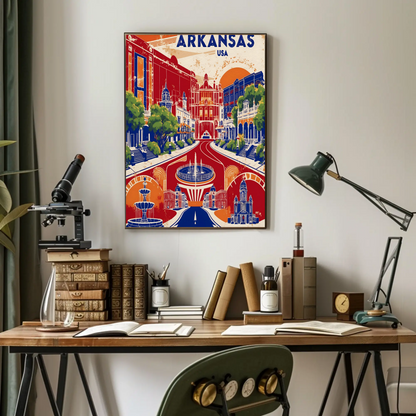 Arkansas Grand Street Circle Vintage Maroon Travel Poster USA