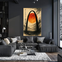 Stylized Arch and Red Sun Vintage Artistic Japanese Poster