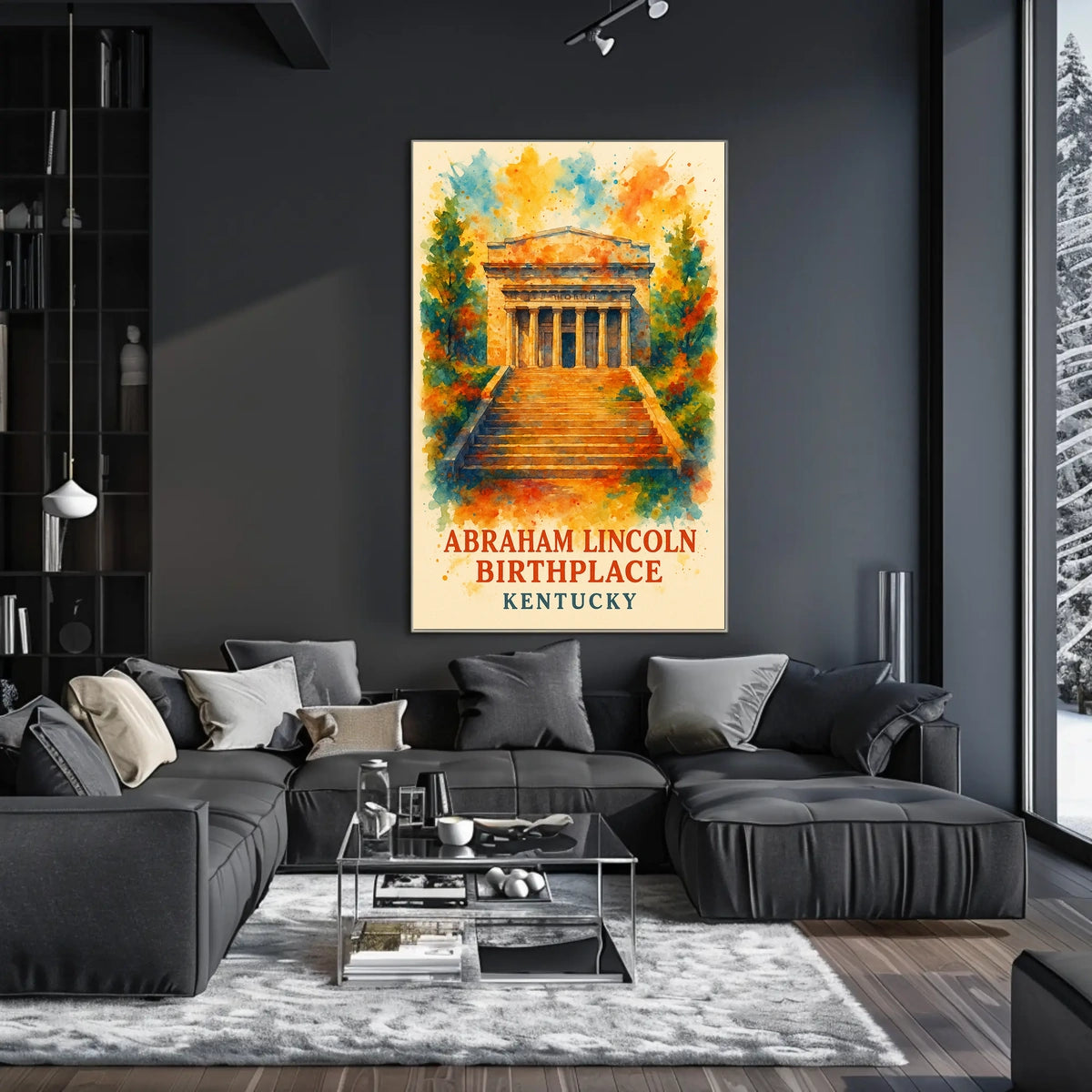 This poster features a depiction of the Abraham Lincoln Birthplace, located in Kentucky. Travel Poster