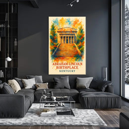This poster features a depiction of the Abraham Lincoln Birthplace, located in Kentucky. Travel Poster