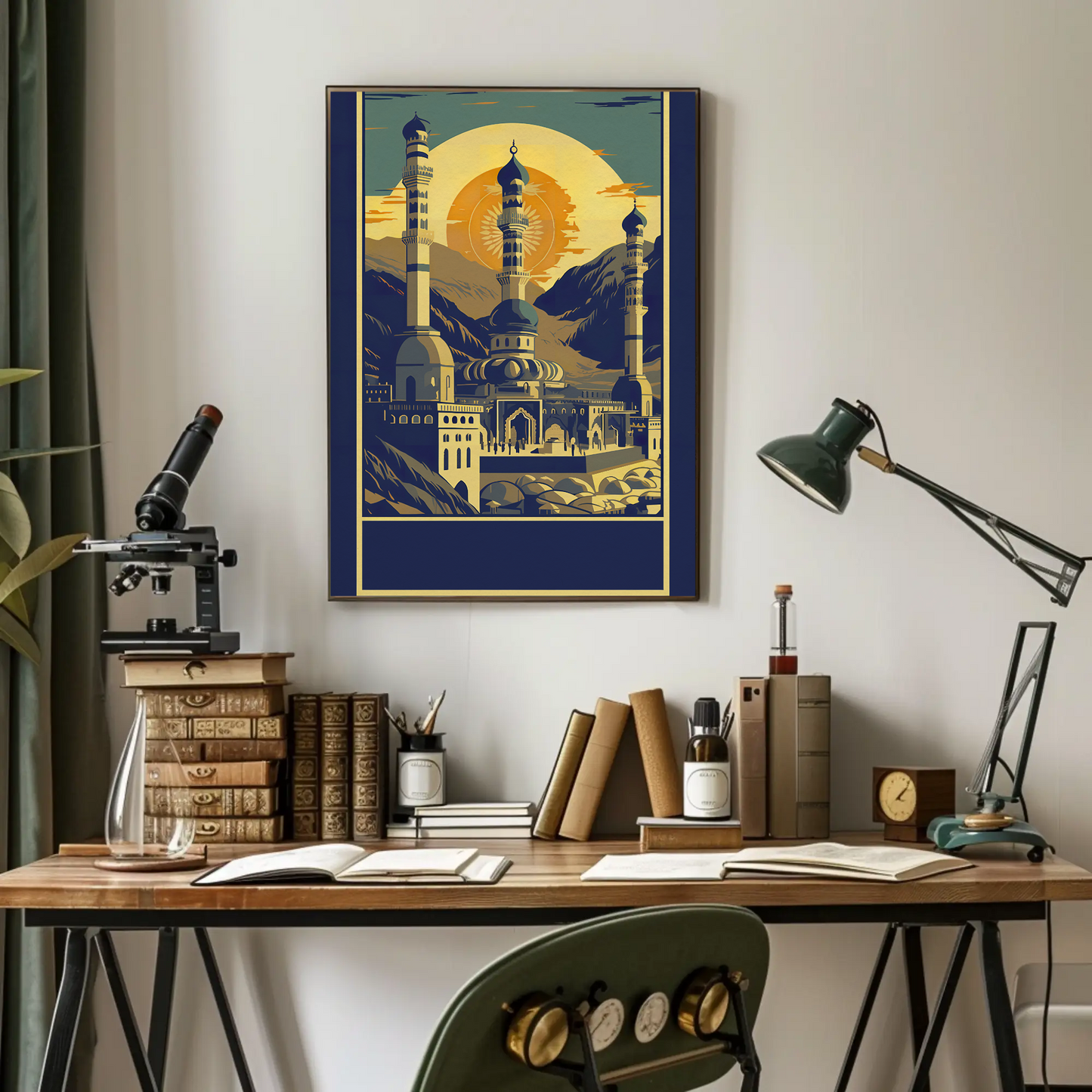 Majestic Mountain Mosque Sunburst Vintage Travel Poster