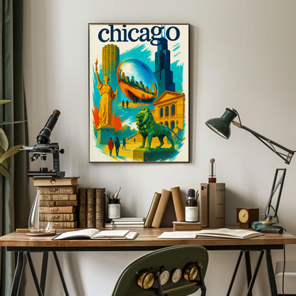 Chicago Lion Bean Willis Art Urban Vintage Travel Poster Wall Art