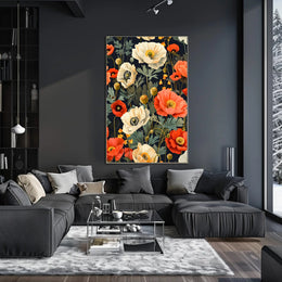 Lush Botanical Garden Scene with Poppies Artistic Poster