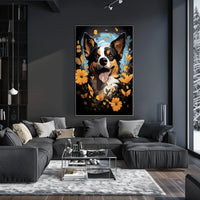 Joyful Dog and Flowers Nature Art Poster