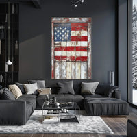 wooden barn door with faded American flag Poster