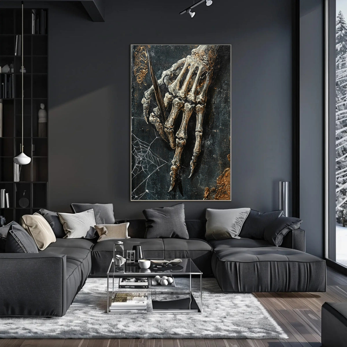 Skeletal Quill Artistic Poster Captures Creativity and Mortality