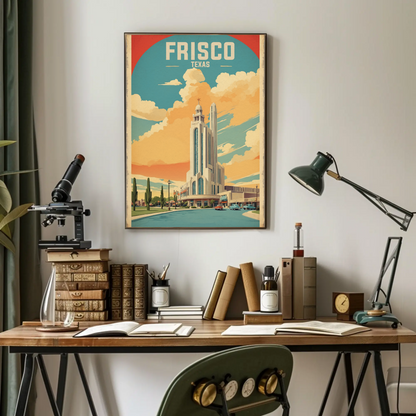 Frisco Texas Modern Tower Sunset Street Vintage Travel Poster