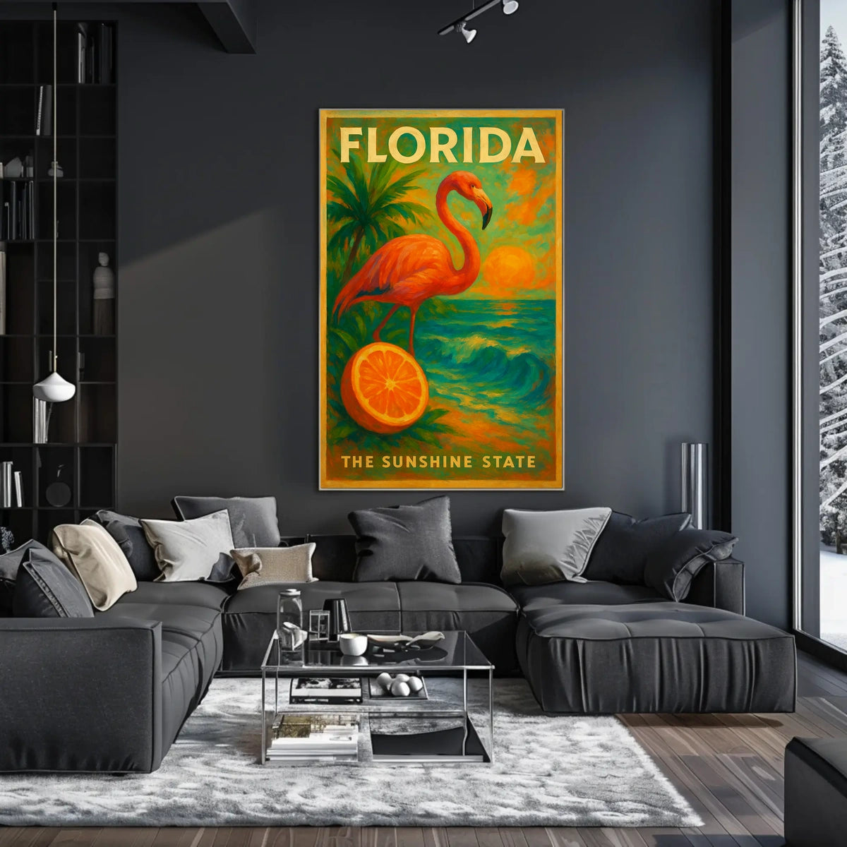Florida Sunset Flamingo Poster For Beach Decor Vibe