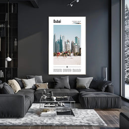 Dubai Skyline and Camels Travel Poster PosterGoat