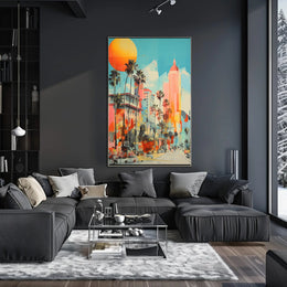 Retro-Modern Urban Scene: Coastal City Artistic Poster