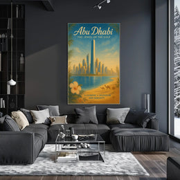 Abu Dhabi Cityscape with Camels Travel Poster