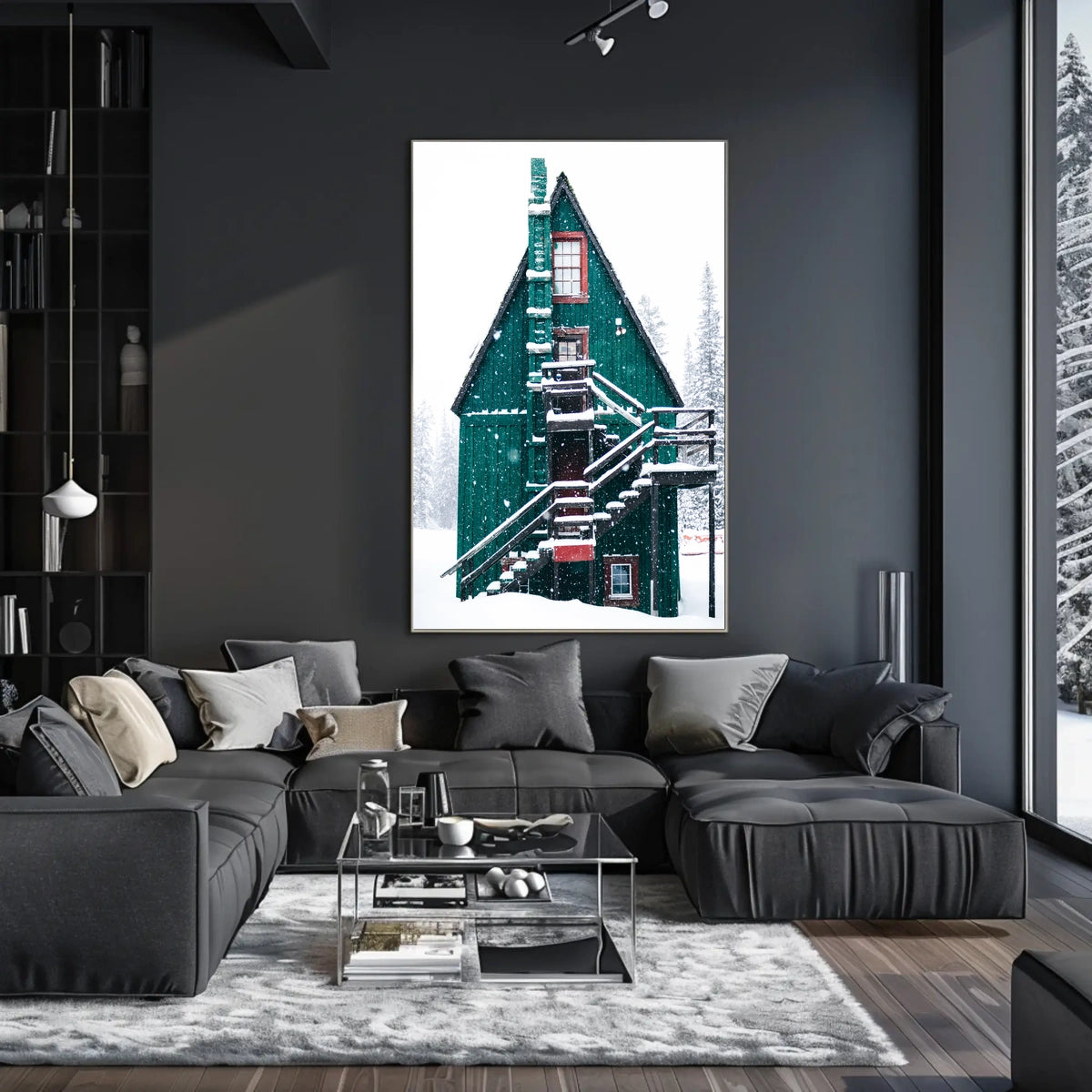 Charming Winter Cabin in Snowy Forest Scene