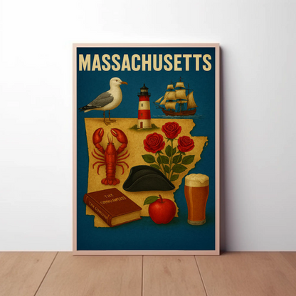 Massachusetts Symbols Map Lobster Ship Hat Poster