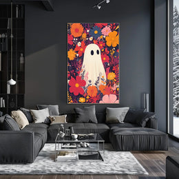 Ghostly Figure Amidst Flowers Whimsical Playful Poster