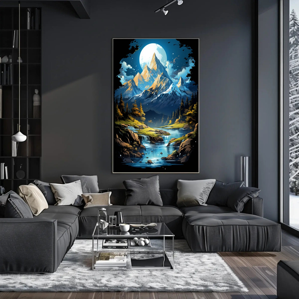 Enchanted Moonlit Mountain Landscape Fantasy Art Poster