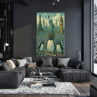 Whimsical Landmarks and Penguins Travel Poster
