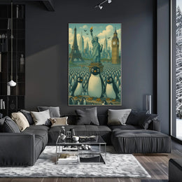Whimsical Landmarks and Penguins Travel Poster
