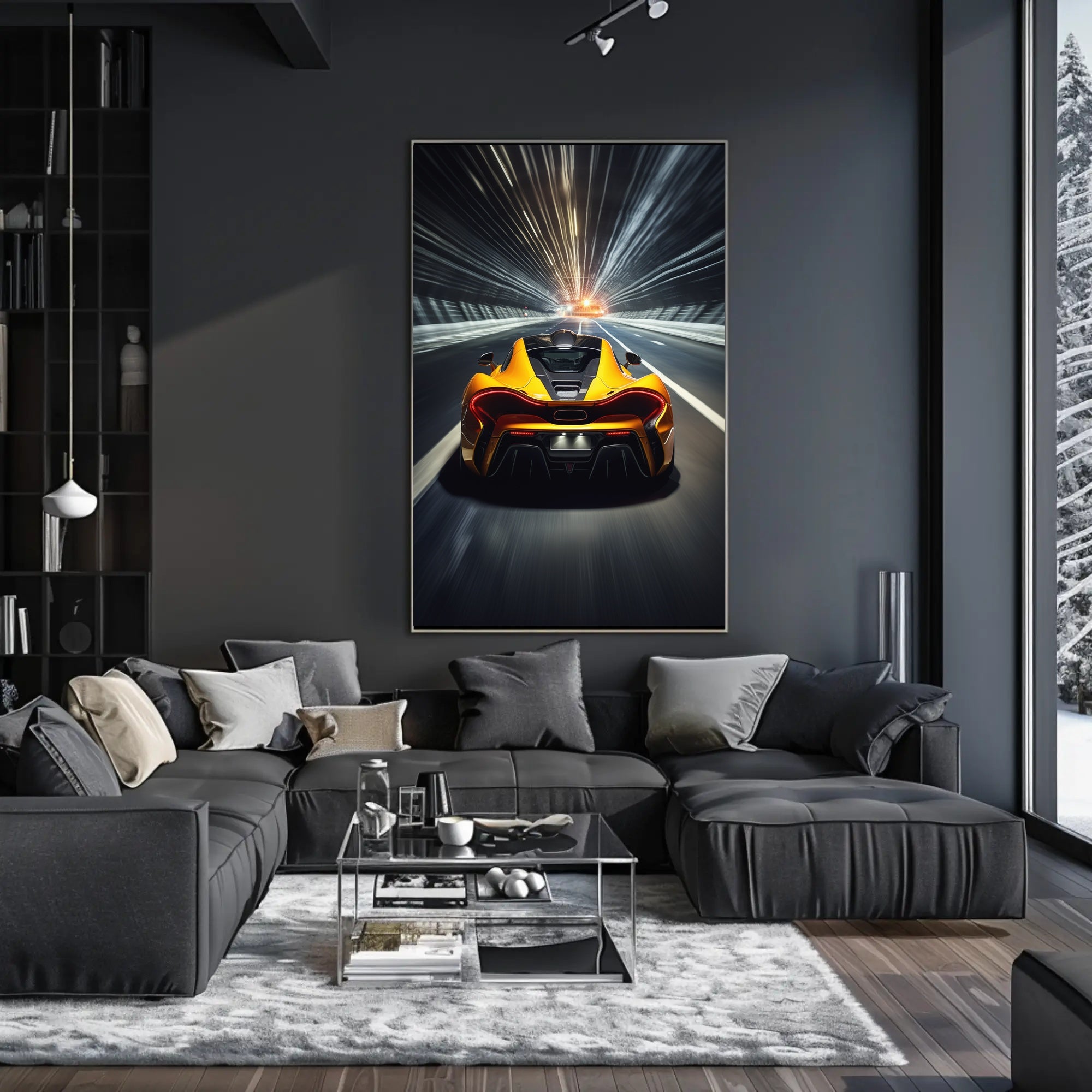 Sleek Modern Sports Car in Tunnel Futuristic Sci-Fi Poster
