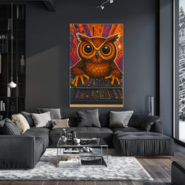 Stylized Owl DJing at Console Abstract Pop Culture Poster