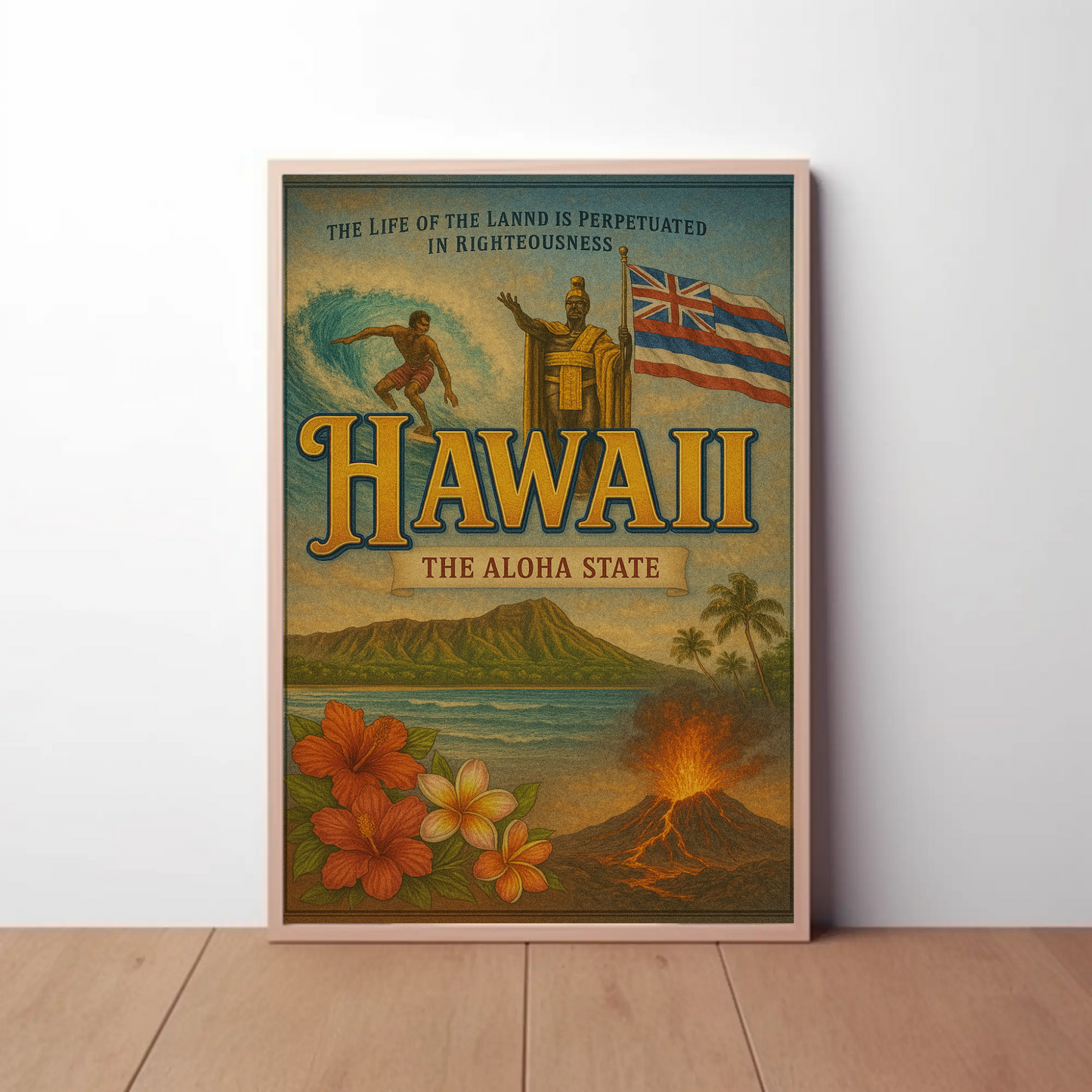 Hawaii Surf Volcano King Flag Flowers Travel Poster